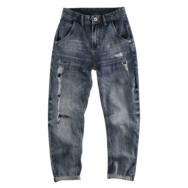Spring and summer 2022 new American Vintage Blue patch jeans men's trend loose Harlan Capris