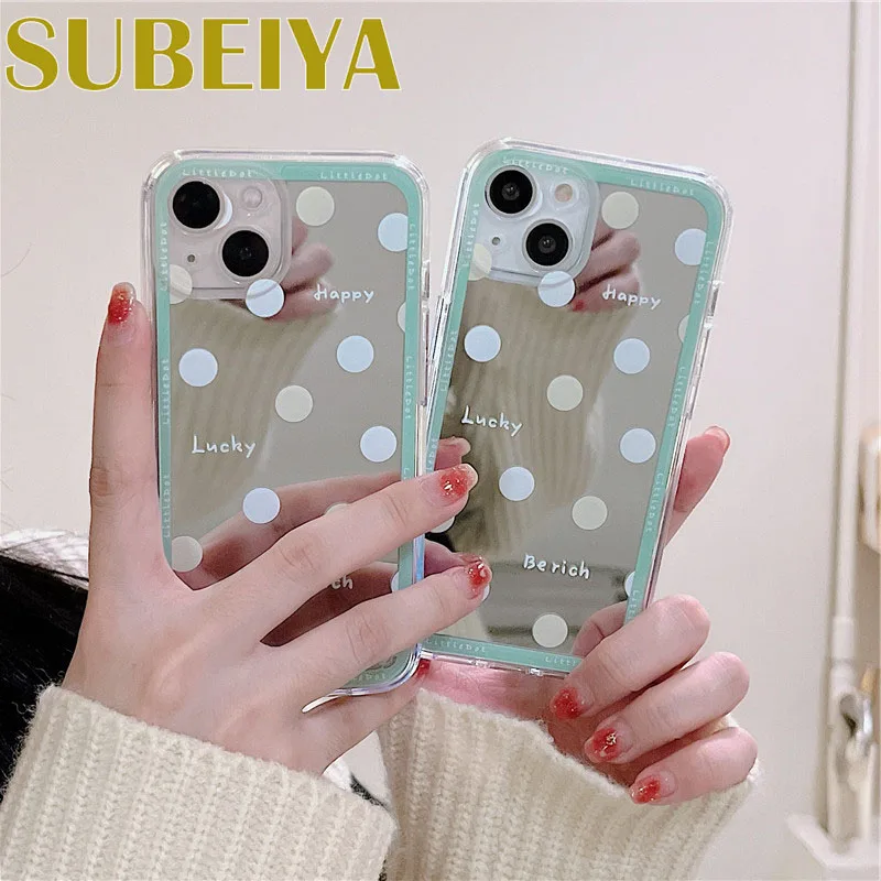 

For iPhone 11 12 13 Pro Max XR X XS Max 7 8 Plus Ins Polka Dot Girl Mirror Case Lens Protector Soft Silicone Case