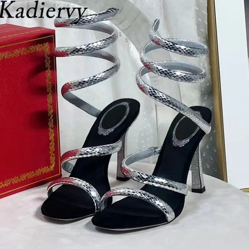 

Сандалии женские на высоком каблуке, босоножки-гладиаторы со стразами и ремешком вокруг щиколотки, Классическая обувь со змеиным плетением, лето