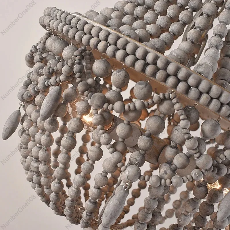 Винтажная деревенская люстра из деревянных бусин светодиодная круглая