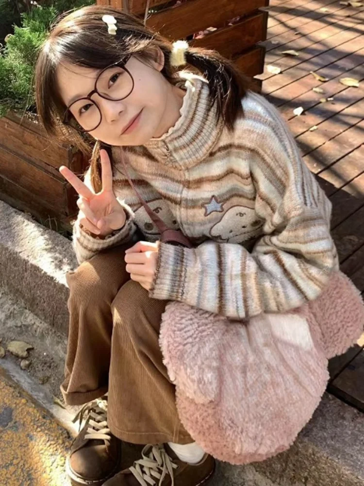 Y2k эстетичный японский вязаный кардиган Kawaii Dog вышивка Harajuku женский полосатый