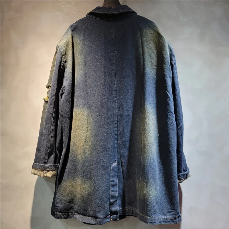 DEAT женский джинсовый пиджак свободный со старыми сломанными отверстиями