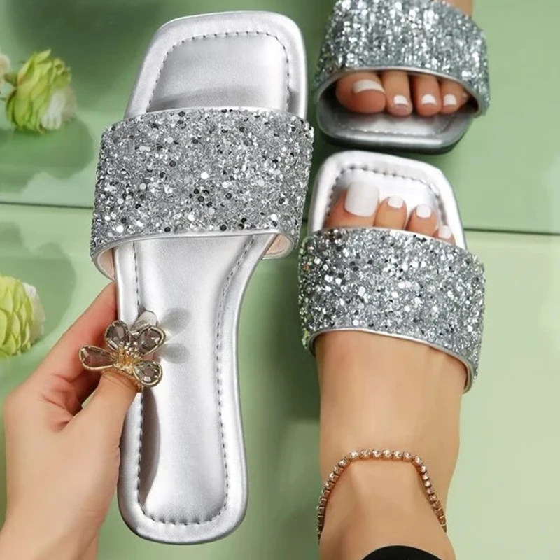 Women Single Band Flat Sandals Sequin Glamorous Slide Sandals Outdoor Fashion Slide Summer Beach Sexy Woman Slippers 2023 New