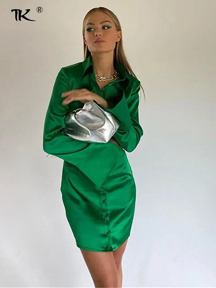 Зеленое Атласное Сексуальное Женское Платье-рубашка с длинным рукавом и