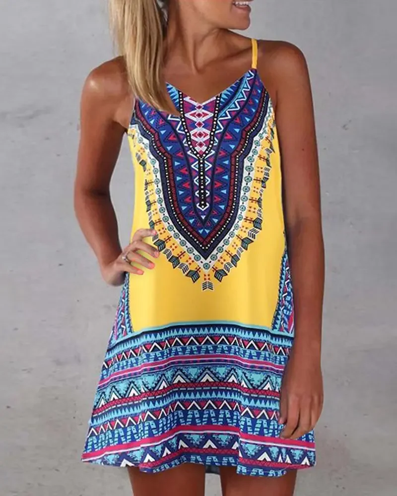

Spaghetti Strap Print Casual Mini Dress Vintage V-Neck Polyester Summer Women's New Style