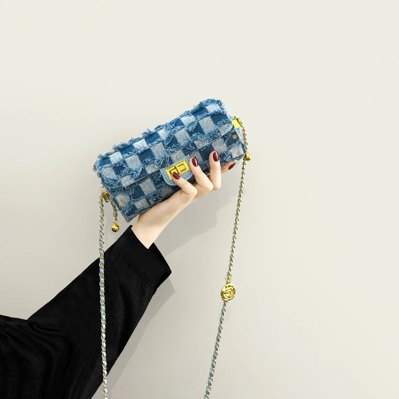 

Advanced Texture Small Bag Female Summer 2022 New Chain Messenger Bag Plaid Denim Niche Popular round Bag
