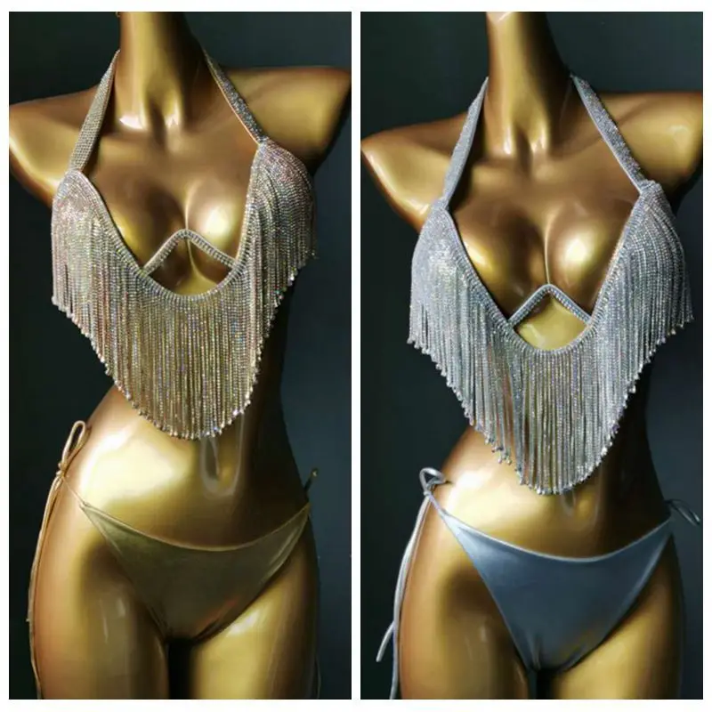 2022 New Strip Steel Bikini Diamond Tassel Swimsuit Sexy High Waist White Push Up Bikini  Biquine Brasileiro Nightclub Clothes