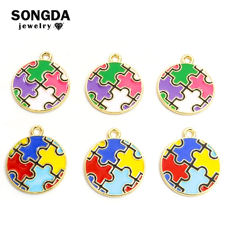 

Enamel Autism Puzzle Round Charms Pendant DIY Jewelry Finding Making Fashion Necklace Earring Bracelet Handmade Craft Accessorie