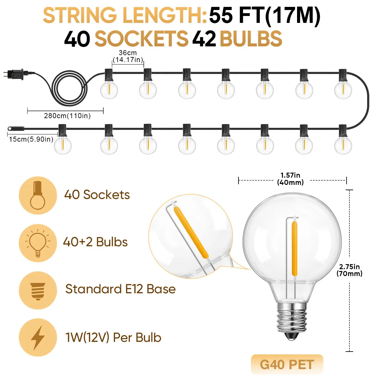 

Grensk LED-гирлянда G40, пластиковая, 12В, 7.6 метра