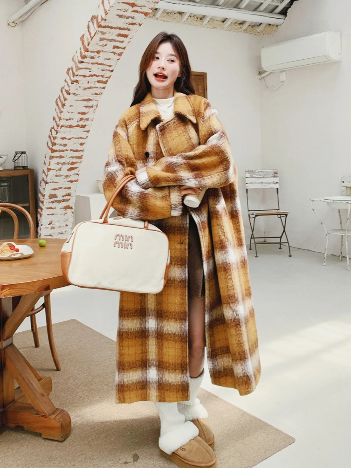 Yellow Plaid High-Grade Loose Woolen Coat Women 2024 Winter New Fashion Small Thickened Jacket