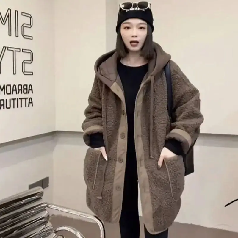 Winter New Splice Lamb Wool Jacket Hooded Coat Warm Oversize Windbreaker Loose Winter Clothes 2022 Fashion Coats