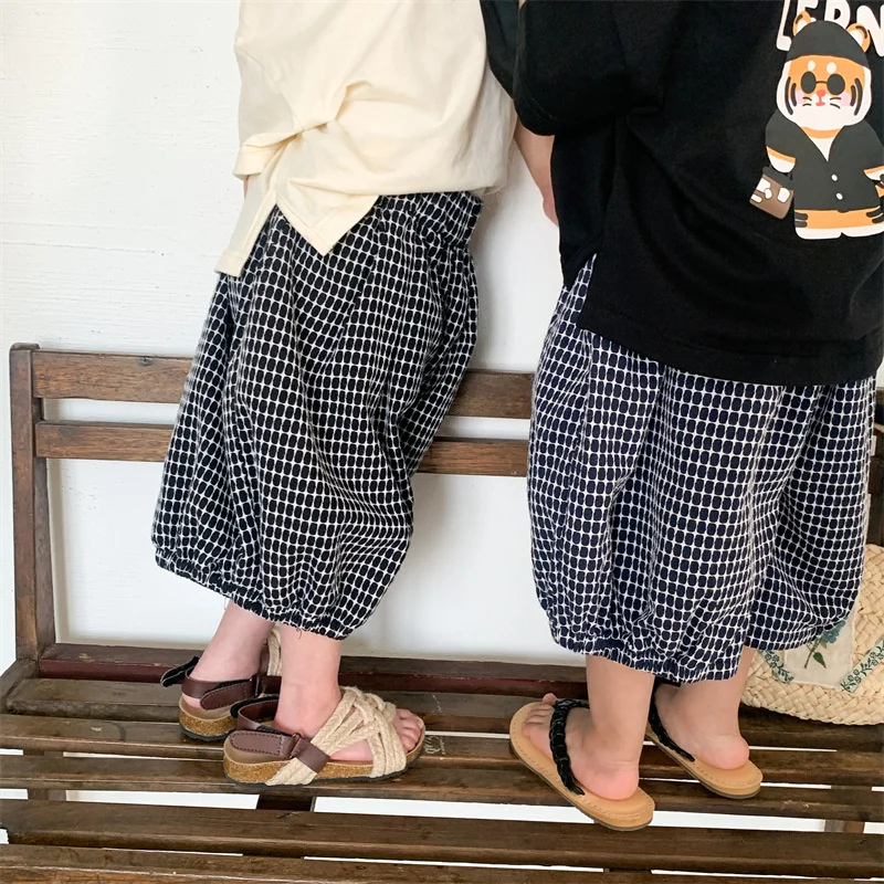 Летние клетчатые модные детские брюки с широкими штанинами свободные эластичные