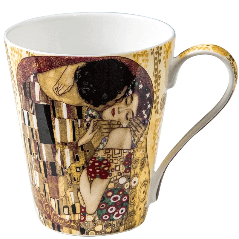

Фарфоровые кружки Klimt Kiss, кофейные чашки с ложкой, Густав Климт, керамические чашки из костяного фарфора, креативная чайная чашка-пузырь, Офи...