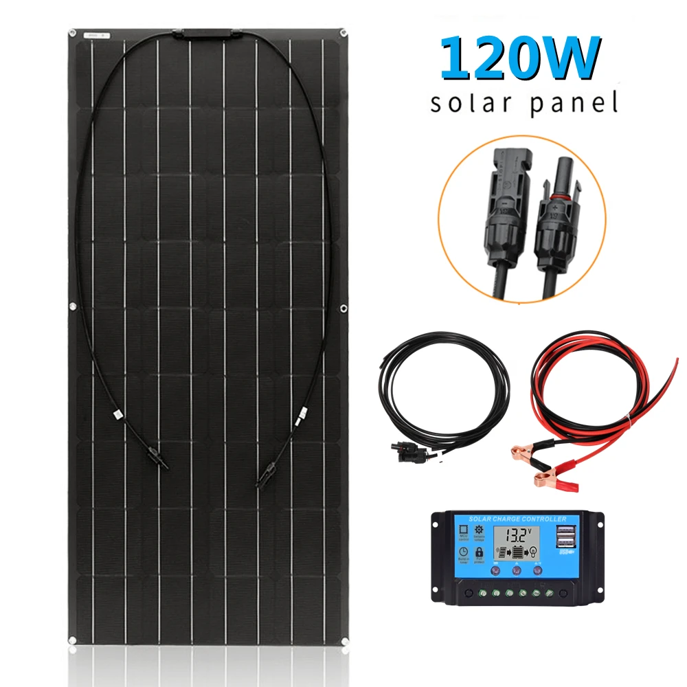 120W Solar Panel Kit Flexible Monocrystalline PV Module High Efficiency 12V Battery Charge for Home RV Boat Off Grid System