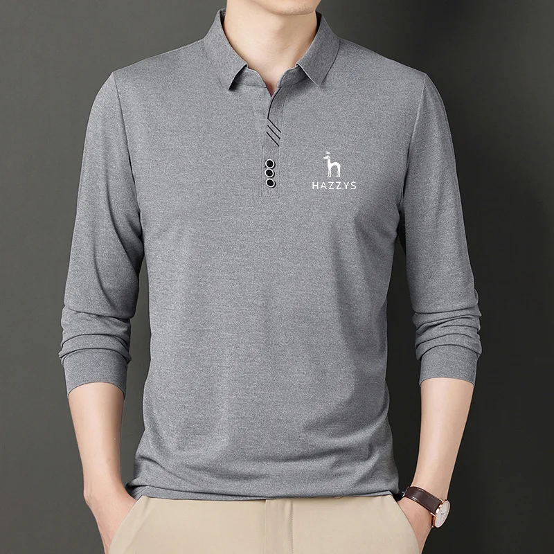 HAZZYS Men's Golf Spring/Autumn Winter Men's Long Sleeve Youth Casual Fashion Simple Solid Color Lapel Polo Shirt Base Top