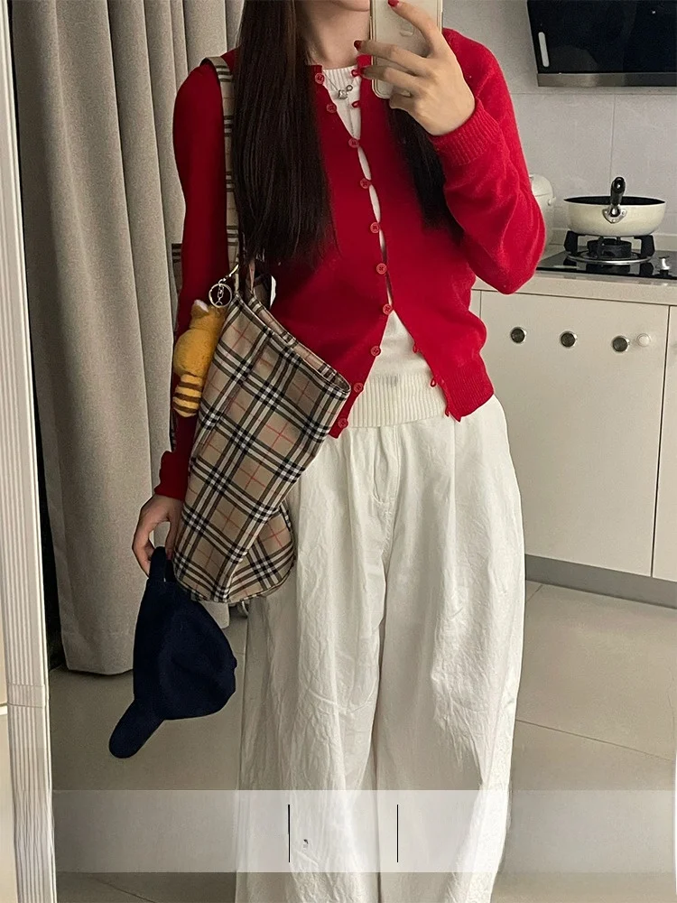 Missmarm красный искусственный вязаный женский топ из двух предметов осень 2024 тонкий