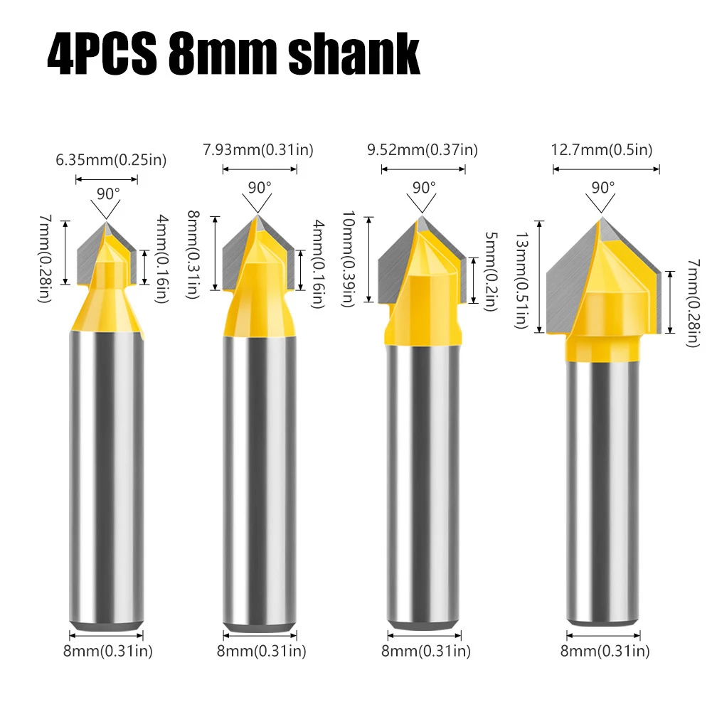 

4 шт., 8 мм, хвостовик 90 градусов, набор фрез с V-образным пазом, гравировка с ЧПУ, V-образная фреза, резьба по дереву, инструмент 1/4 1/2
