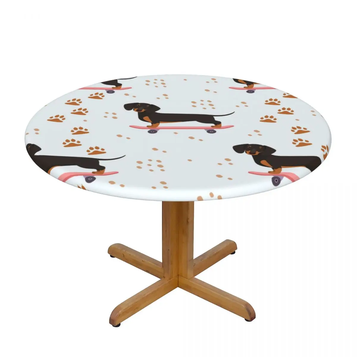 

Fitted Round Tablecloth Protector Soft Glass Table Cover Funny Dachshund On Skateboard Anti-Scald Plate Kitchen Home Tablemat