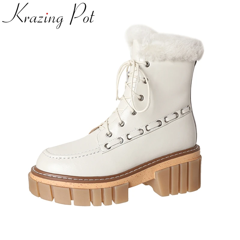 

Big Size Cold-resistant Keep Warm Long Plush Cow Leather Snow Motorcycles Boots Thick Heel Platform Casual Solid Mid-calf Boots
