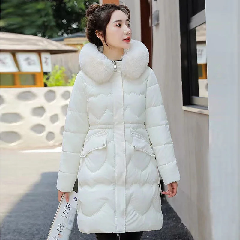 2022 Winter New Mid length Cotton Shirt Women's Korean version Knee length Slim fitting cotton jacket with warm fur collar down
