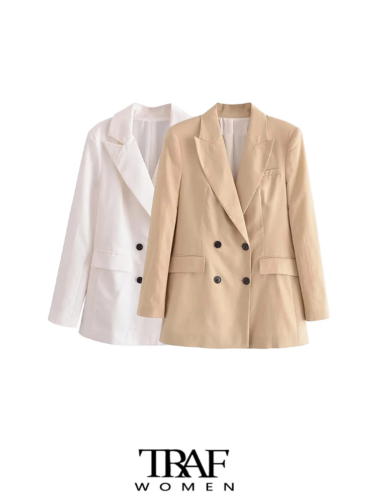 

Женский двубортный блейзер из смеси льна, с длинными рукавами и карманами