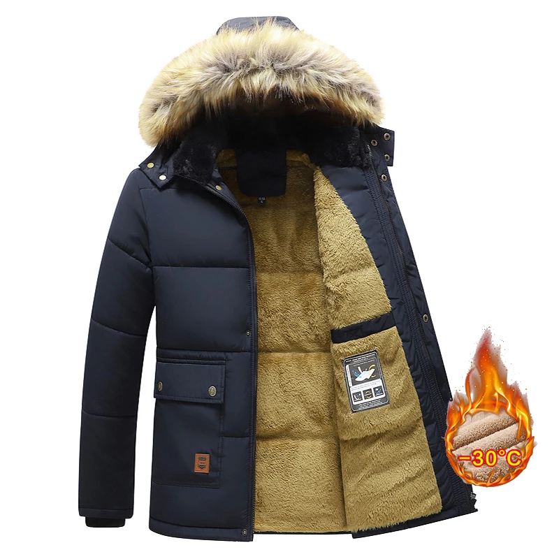 Winter New Men Fleece Warm Thick Jacket Parkas Fashion Hooded Fur Collar Jacket Classic Outdoor Velvet Warm Coat 2022 Plus Size