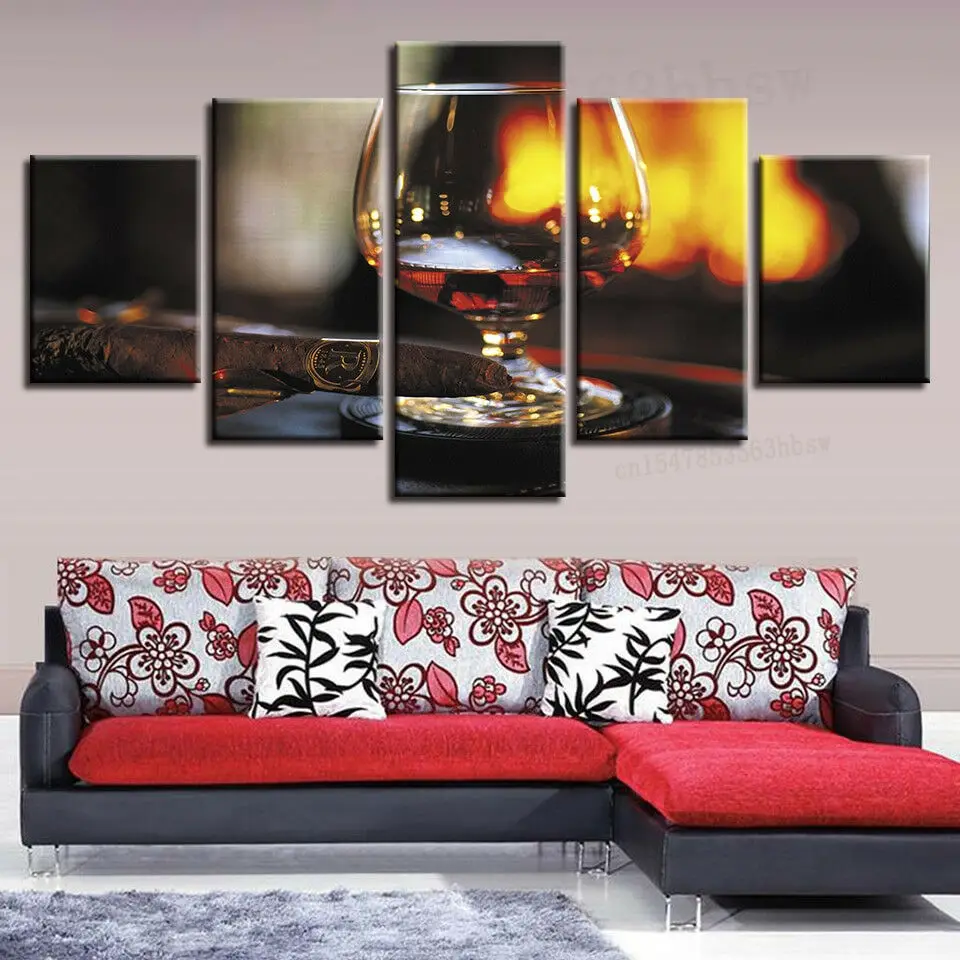 

Glass Red Wine Restaurant Bar Lights 5 Panel Canvas Print Wall Art Home Decor HD Print Pictures Poster No Framed 5 Piece