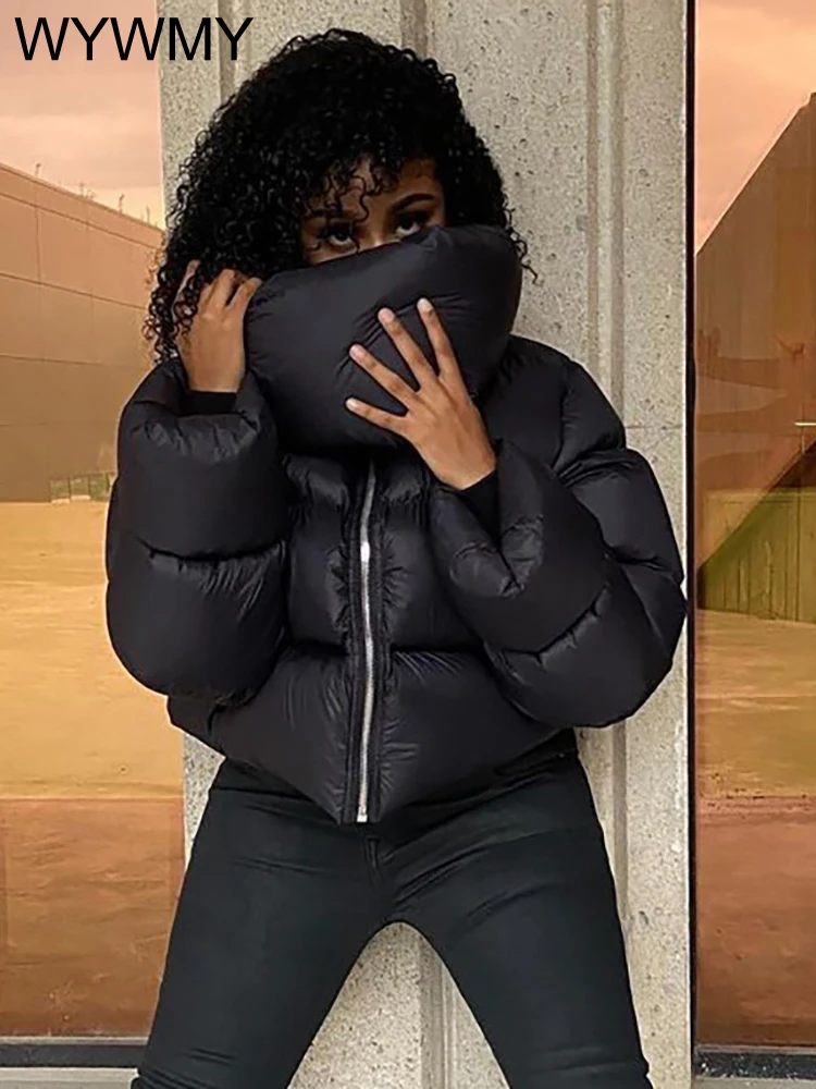 WYWMY Winter Scarf Collar Puffer Short Jackets Women 2022 Oversized Black Bubble Coats High Street Outwear Casual Zipper Parkas