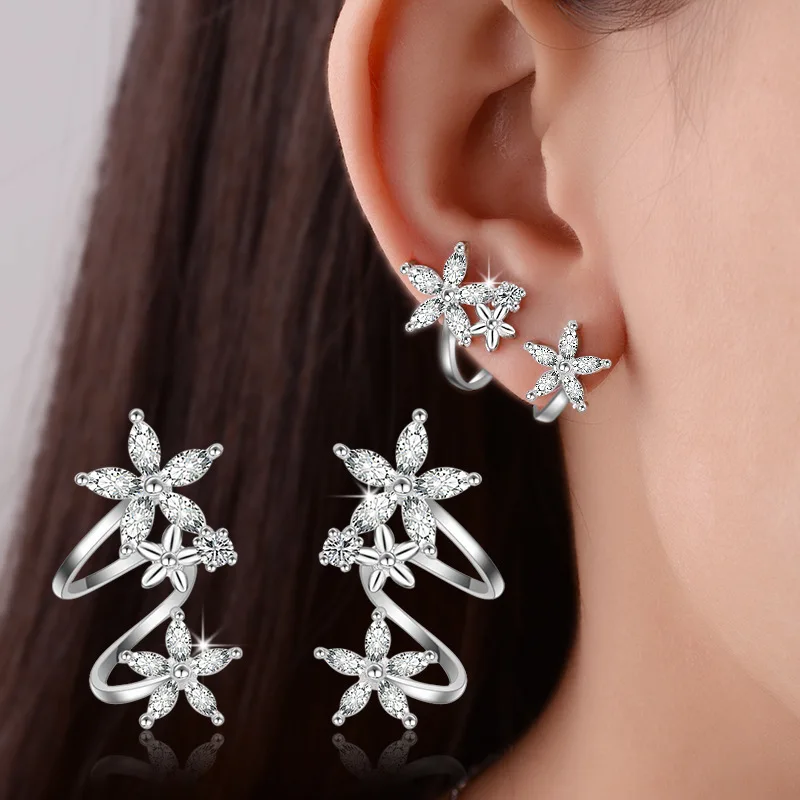 

Sweet and Cool Lady Flower Curved Ear Clips Fashionable All-match Zircon Stud Earrings New Style Women's High-end