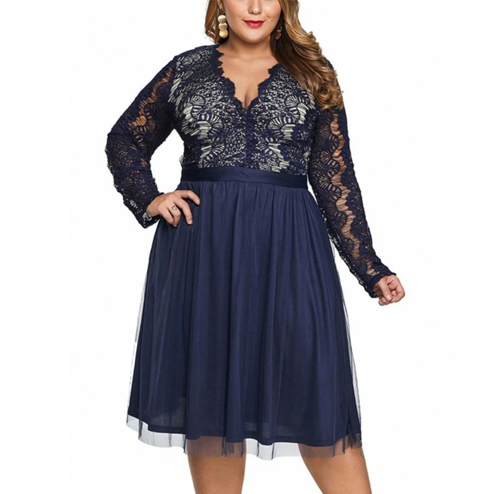 New Style XL~4XL Women Lace Ladies Plus Size Casual Wear Evening Party Long Sleeve V Neck Dress Soft And Comfortable