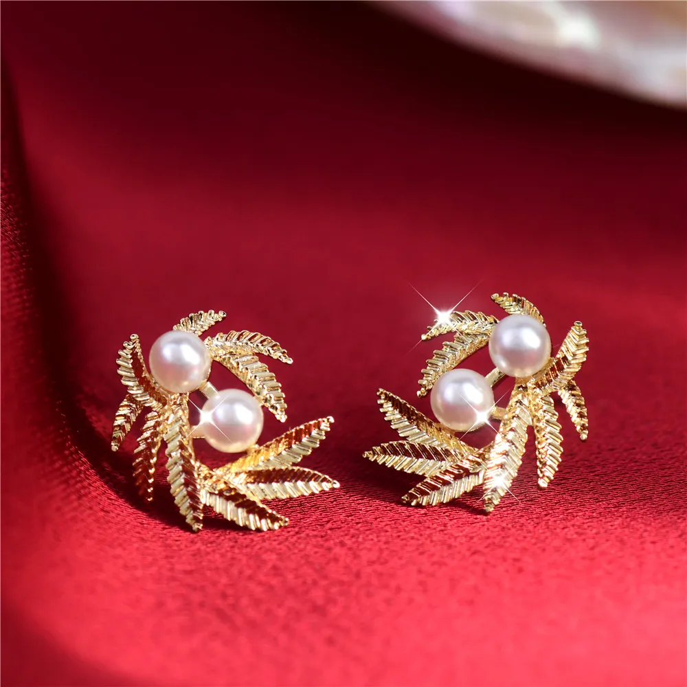 

French Luxury High Quality Stereoscopic Leaf Texture Pearl Delicate Earrings Feminine Fashion Versatile Earrings Jewelry Gift