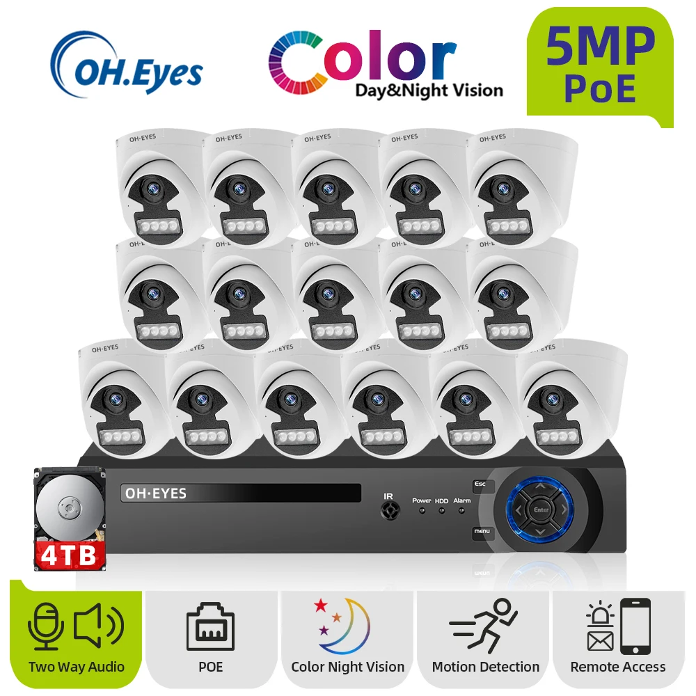 

16CH 5MP POE NVR Kit H.265 AI 5MP Color Night Two Way Audio Indoor Security IP Camera Face Detected Video Surveillance Set P2P