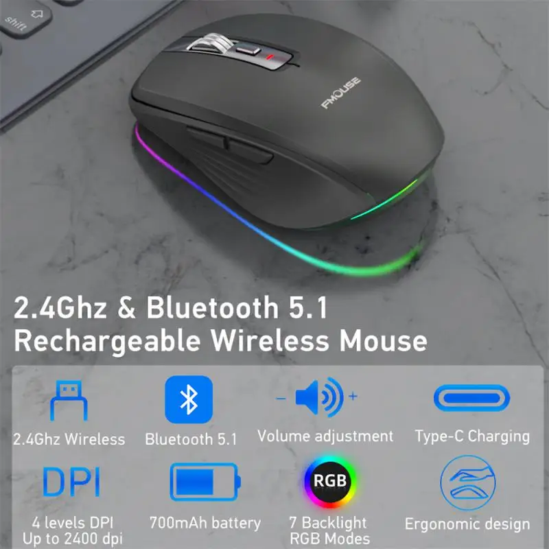 

Dual Mode Rechargeable Wireless Bluetooth Mouse 2.4G3 DPI Adjustable Mouse RGB Mute Mouse Suitable For Windows Mac IOS Android