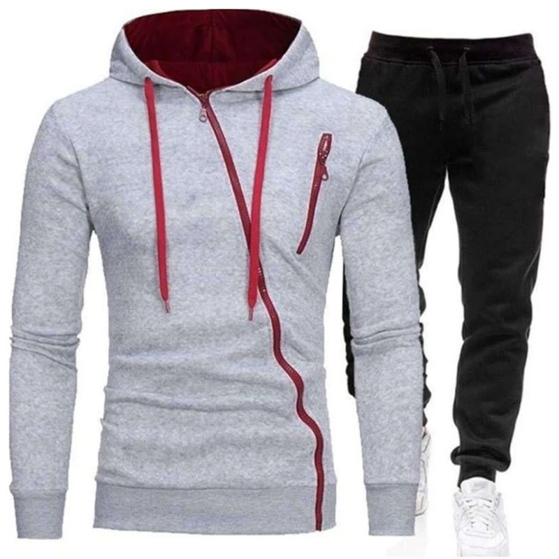Men's Hoodies Tracksuits Tops And Pants 2 Pieces Diagonal Zipper Long Trousers Casual Style Solide Color Streetwear