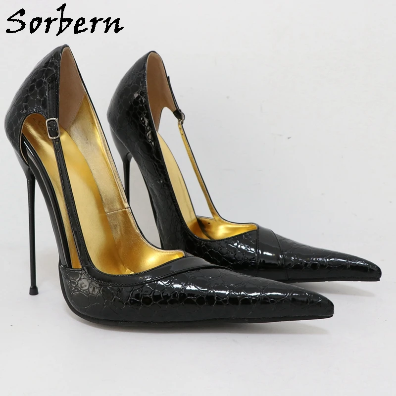 Sorbern Black Stone 16cm High Heels Pumps Hollow Out Pointed Toe Shoes Designer Style Night Club Footwear For Sissy Boy