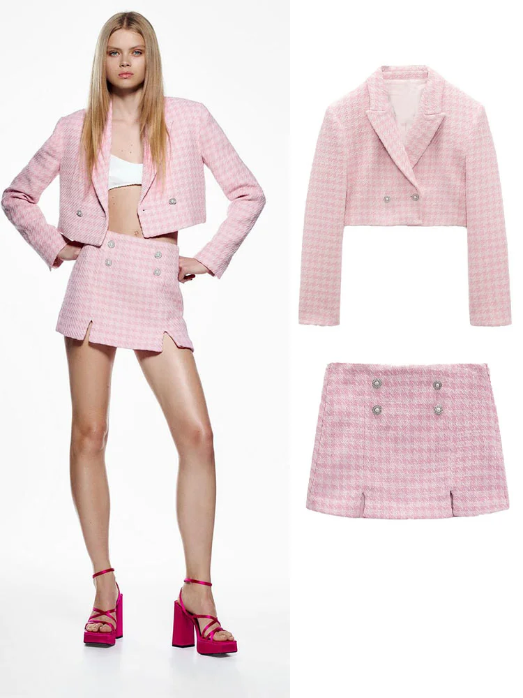 

Spring New Women's Versatile Houndstooth Textured Jeweled Button Casual Blazer and High Waist Check Culottes