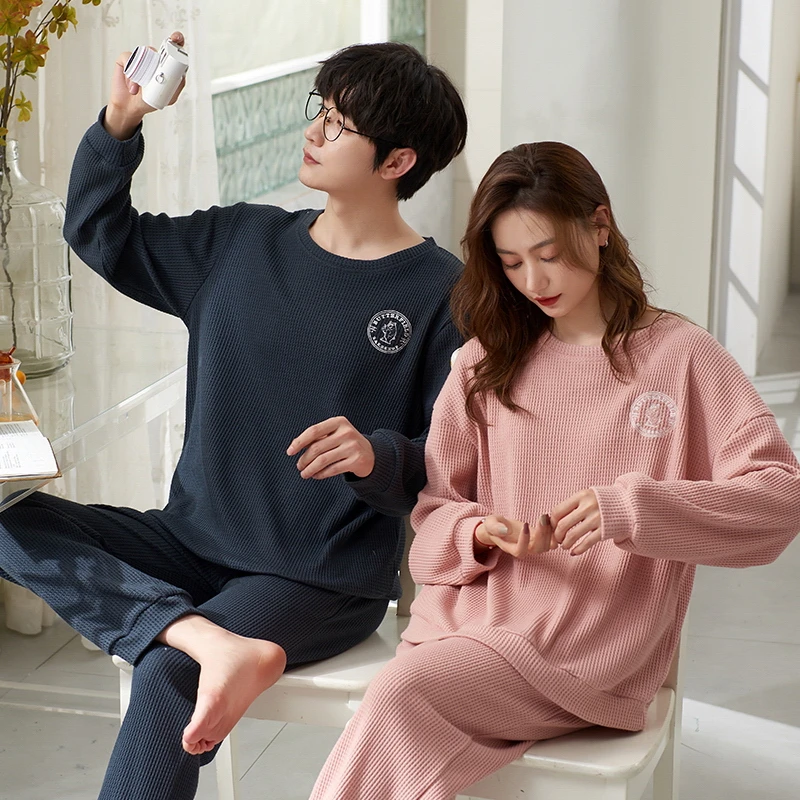 CAIYIER 2022 Autumn Winter Couple Pajamas Set Women & Men Nightwear Sweet Round Neck Long Sleeve Loungewear Lovers Sleepwear