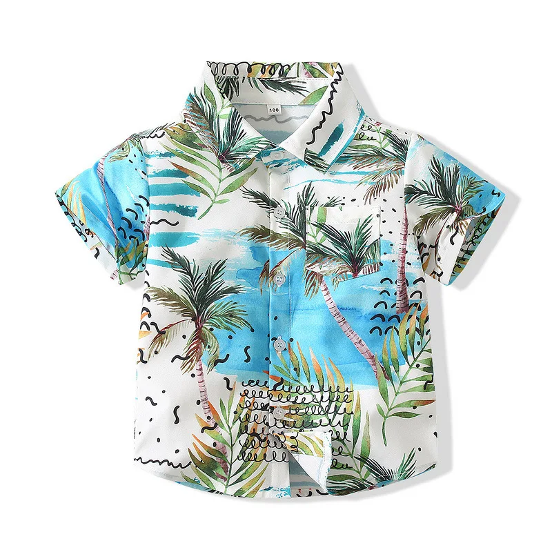 

Boys' Beach Wind Coconut Tree Shirt Korean kid's Wear Children's versatile Short Sleeve Coats 100% Cotton And Thin