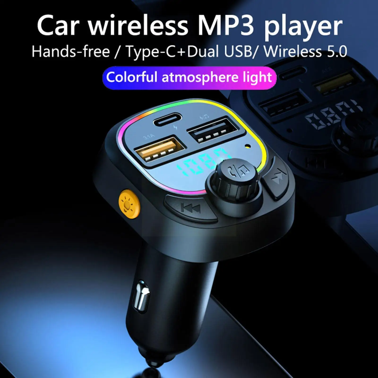 

Bluetooth 5.0 Fm Transmitter Handsfree Car Radio Modulator Player Usb Mp3 Type-c Disk Charge Dual Colorful Light Player U R6k0