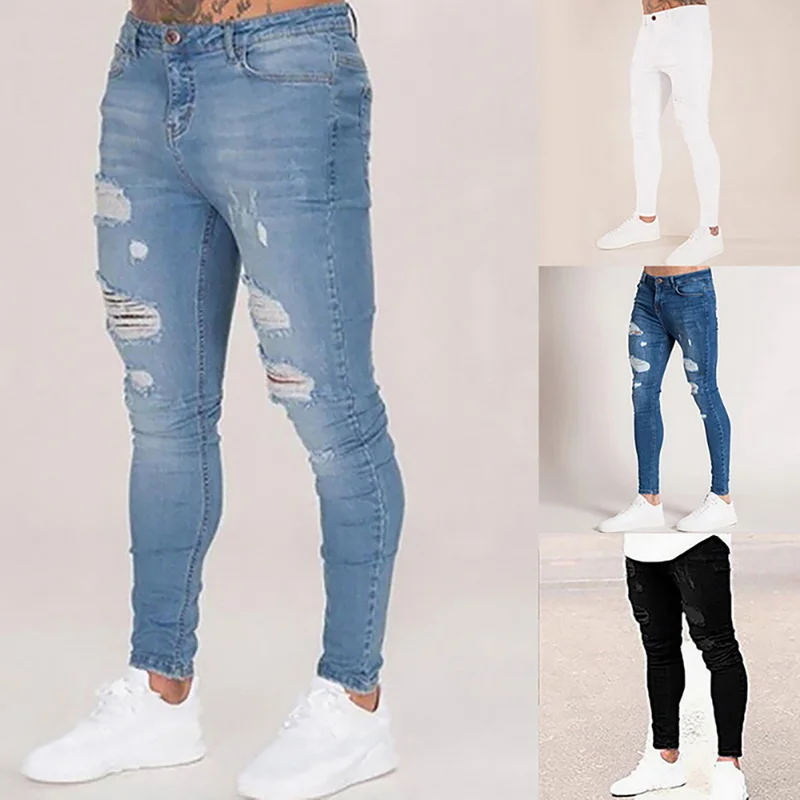 

2023 Pencil Pants Elastic Sweatpants Men Fit Solid Ripped Denim Harem Pants Casual Black Blue White Destroyed Jeans Pants