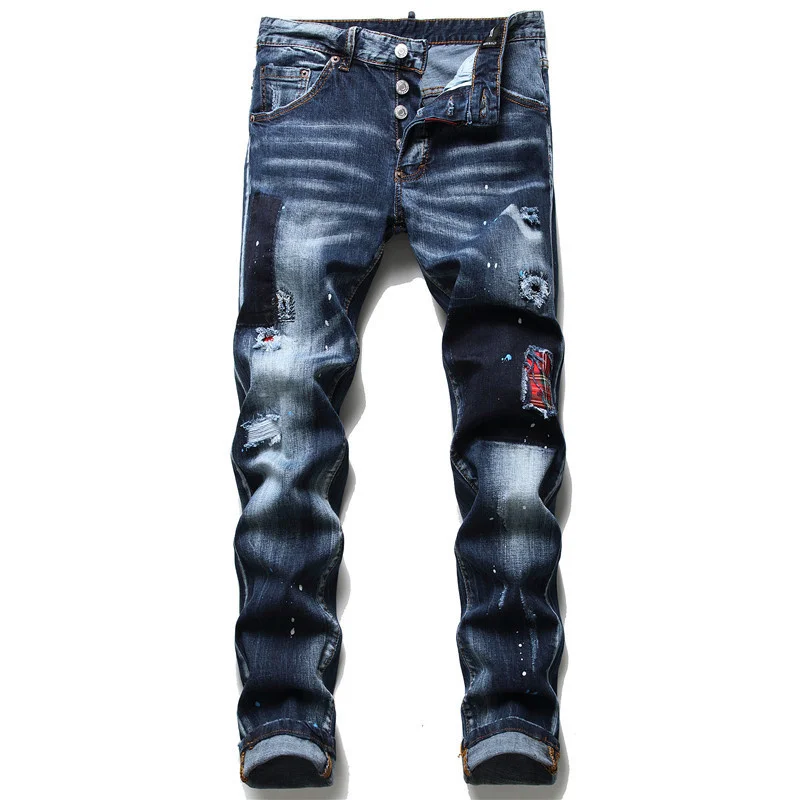 

New Dsquared2 jeans Slim Fit Printed Metal Pendant Cotton Stretch Small Straight Classic Men's Fashion Brand D2 Jeans Vintage