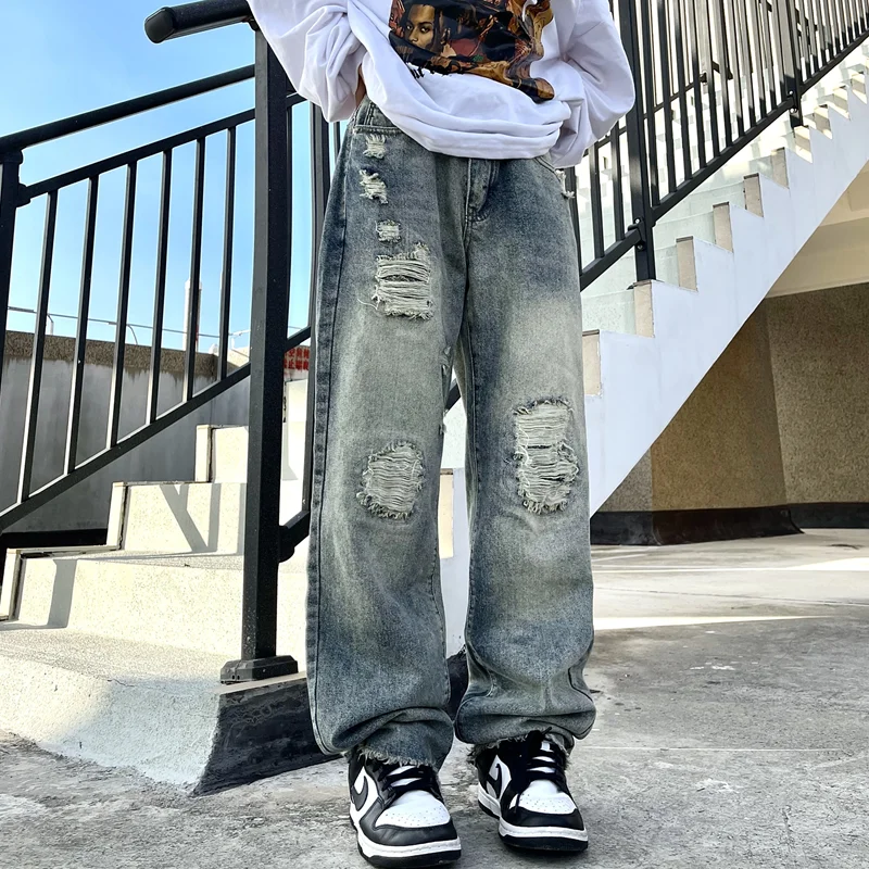 Men's 2022 New Wear Vintage Casual Ripped Blue Jeans Broad Leg Pants High Street Loose Straight Trousers Autumn and Winter Women