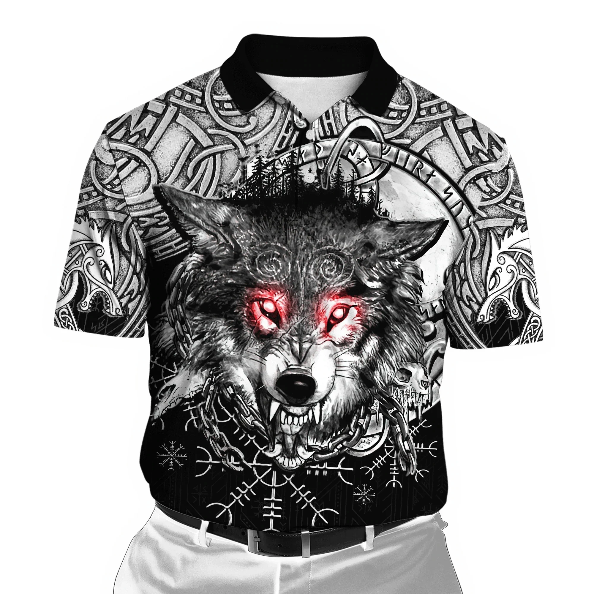 

Men's fashion summer polo shirt Viking Wolf Tattoo Red Eyes 3D All Over Printed Polo Shirts Casual lapel short sleeve shirt tops