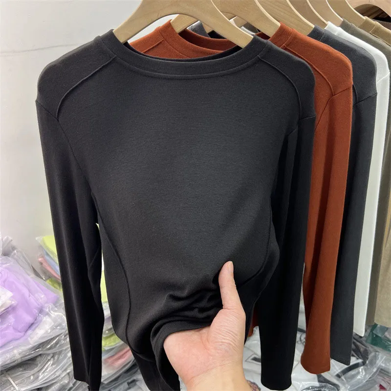 Двусторонний флисовый базовый слой женская новинка 2024 осенне-зимняя футболка с