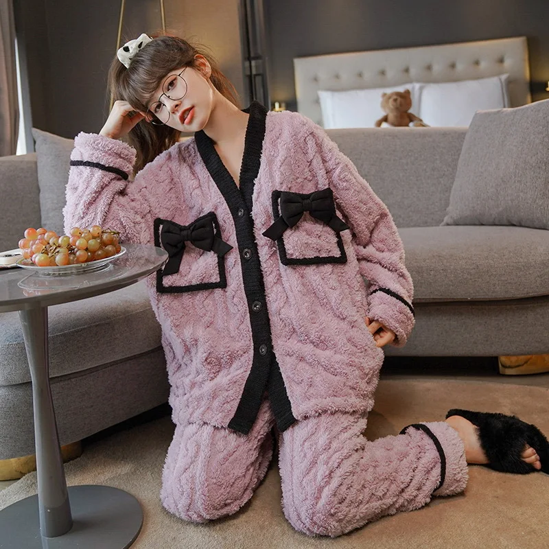Autumn Winter New Warm Flannel Women's Pajamas Set Long-sleeved Trousers Two-piece Set Cute Soft Home Wear Clothes for Women
