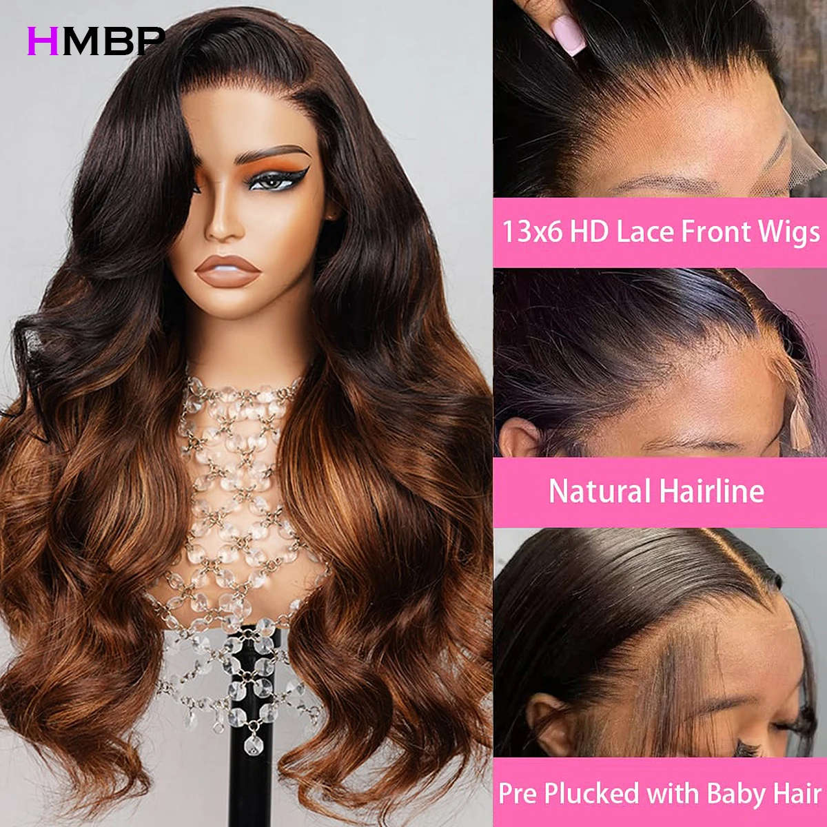 Выделите 1B30 Коричневый бесклеевой парик из человеческих волос 30 32 дюйма Объемная