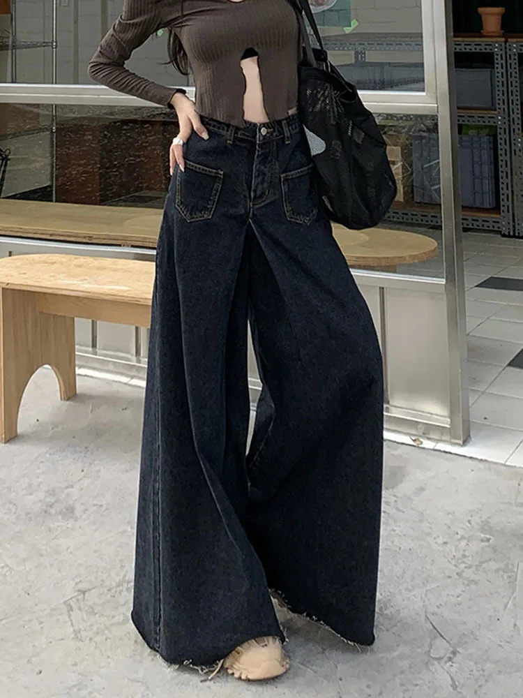 

Oversized Vintage High Waist Jeans High Street Loose Frayed Wide Leg Jeans Fashion Korean Casual Solid Color Straight Trousers