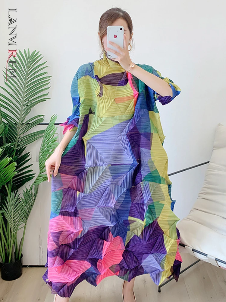 LANMREM Fold Dress For Women Color Block Loose Stretch Midi Dresses Female Fashion Pleated Dresses 2022 Summer Autumn 2R4286