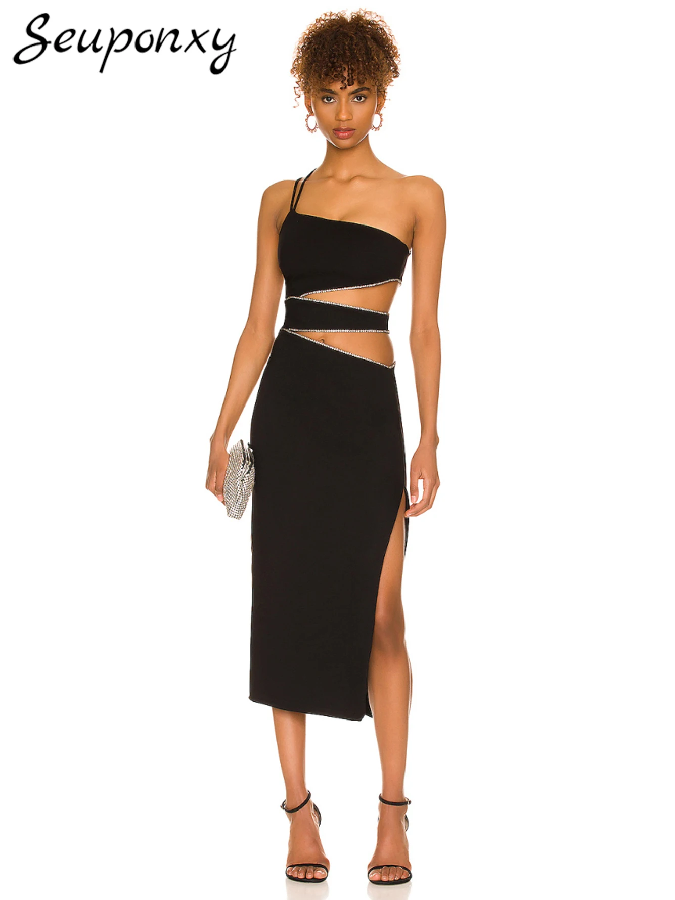 

High Quality Sexy One Shoulder Sleeveless Backless Diamond Hollow Slit Bodycon Dress Women's 2022 Elegant Evening Party Dresses