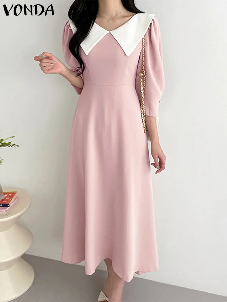 

Summer VONDA Women Elegant Office Dress 2023 Lapel Casual 3/4 Sleeve Party Sundress Loose Beach A-Line Midi Robe Femme Vestidos